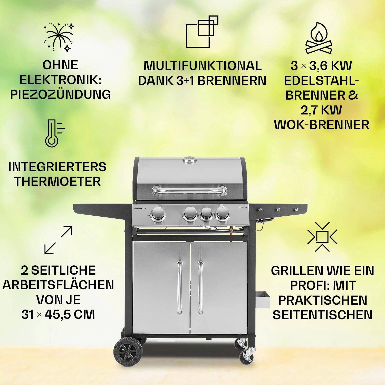 Tomahawk 3.1 S Gasgrill 3x3,6kW Brenner+2,7 KW 60x45cm Grill Edelstahl 2 Tomahawk 3.1 S Gasgrill 3x3,6kW Brenner+2,7 KW 60x45cm Grill Edelstahl – Bild 2