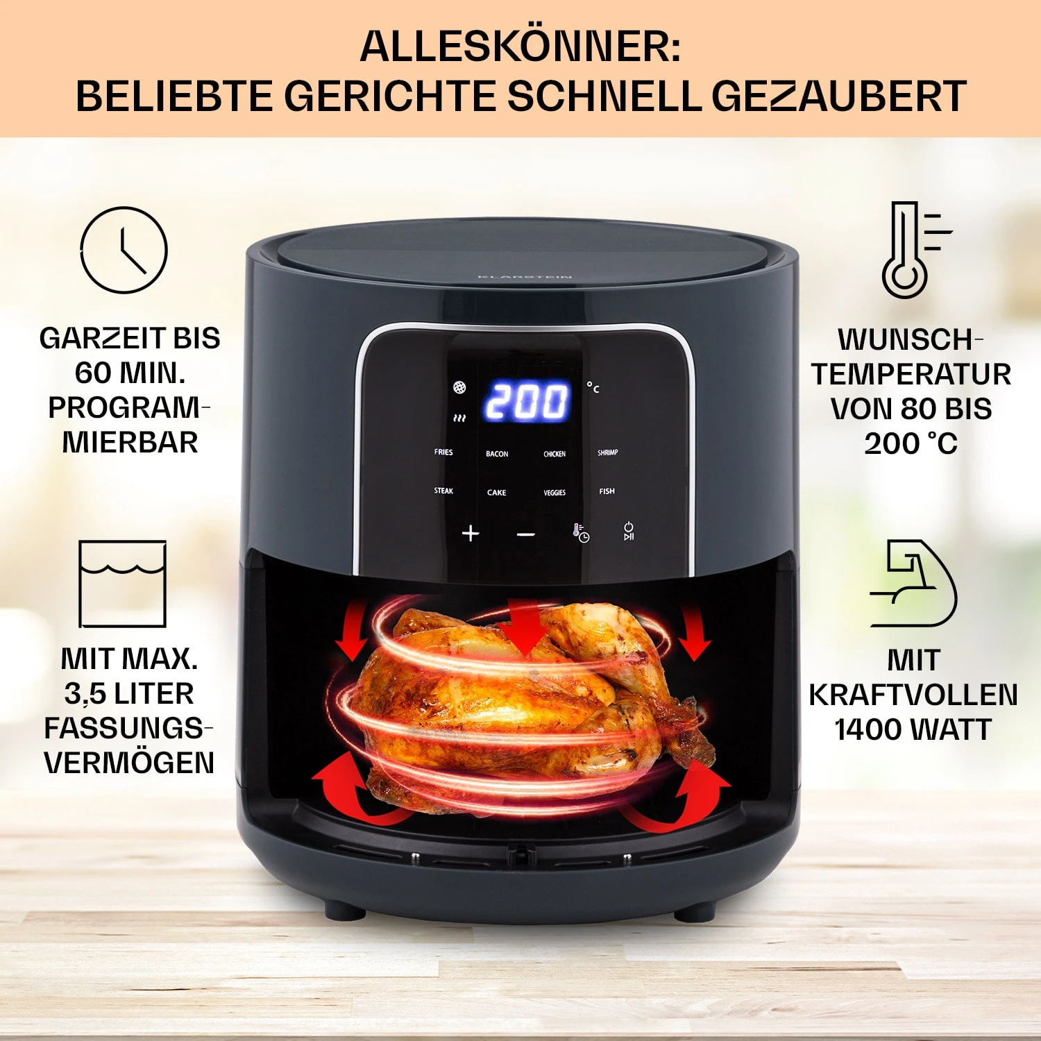 Crisp-Pro Heißluftfritteuse Air Fryer 1400W 3,5 Ltr 8 Programme Timer 2 Crisp-Pro Heißluftfritteuse Air Fryer 1400W 3,5 Ltr 8 Programme Timer – Bild 2