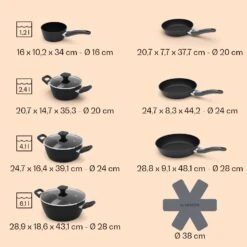 Noto Endurance Topf- Und Pfannenset Geschmiedetes Aluminium Ergonomische Griffe Glasdeckel Filz -Haushaltsgeräte Store 60003055 yy 0009 dimensions